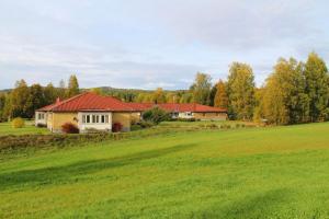 a house on a green field with trees in the background at Fristad Hostel Vitsand in Gunsjögården