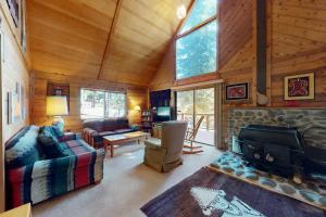 a living room with a fireplace in a log cabin at Cabin Chalet in Truckee