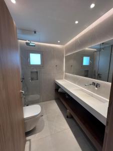 een badkamer met een toilet, een wastafel en een spiegel bij Studio Nikiti Beach in Nikiti