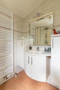 a bathroom with a white sink and a mirror at NOFLIK, een gezellig chalet met een fraaie en rustige ligging in Stegeren