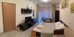 een kleine woonkamer met een bank en een televisie bij Stamopolu apartment in Primorsko