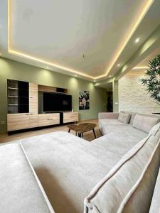 sala de estar amplia con sofá y TV en Le Tropical, en Tánger
