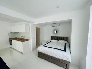 a white bedroom with a bed and a sink at Oxygen Residence in Neptun
