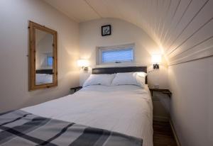 a small bedroom with a bed and a mirror at Squirrel Lodge in Roybridge
