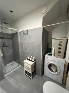 a bathroom with a shower and a washing machine at Studio centre village in Bocognano