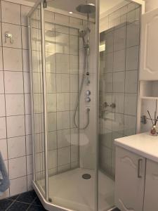a shower with a glass door in a bathroom at Cozy apartment in the middle of Bergen city center in Bergen