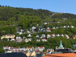 a town on top of a hill with houses at Cozy apartment in the middle of Bergen city center in Bergen