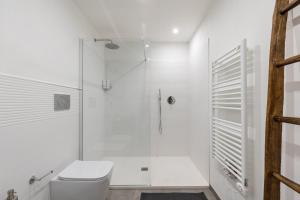 a white bathroom with a shower and a toilet at Casa Masoni in Colle Val D'Elsa