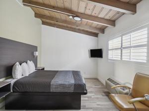 1 dormitorio con 1 cama, 1 silla y TV en Discovery Inn Monterey Bay, en Seaside