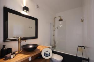 ein Badezimmer mit einem Waschbecken, einem Spiegel und einem WC in der Unterkunft Le Petit Ours & Le Petit Cerf - Studios vue lac & montagnes in Les Angles