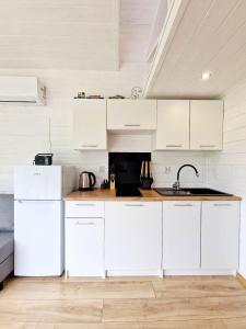 a kitchen with white cabinets and a sink at Zielona Górka in Biskupiec +12 photos
