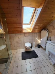 a bathroom with a toilet and a window at Zentrale Wohnung in Crailsheim in Crailsheim