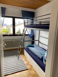 a bunk bed in a room with a ladder at Ferienwohnung Seebrise Bostalsee in Neunkirchen