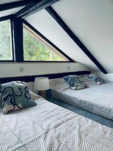 dwa łóżka w pokoju z dwoma oknami w obiekcie Apartma Tany w Lublanie