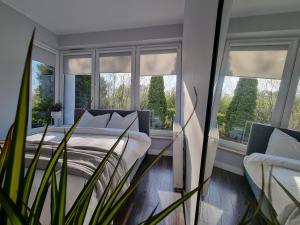 a bedroom with a bed and three windows at 2 pokoje, blisko morza, ogródek, garaż, kameralne in Gdańsk