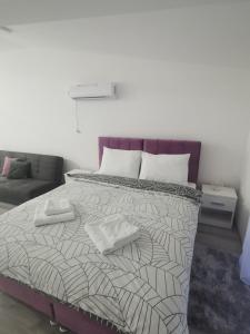 um quarto com uma cama e um sofá e uma cama sidx sidx sidx em Studio apartmani Banja Koviljaca em Banja Koviljača