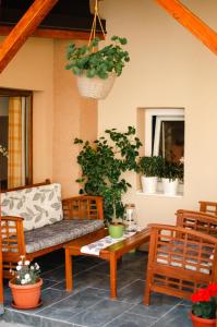 a porch with a wooden bench and potted plants at Apartman Mina 1 in Vrdnik