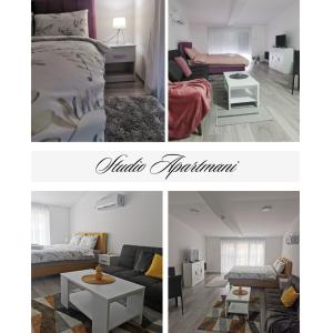 uma colagem de três fotos de um quarto e uma sala de estar em Studio apartmani Banja Koviljaca em Banja Koviljača