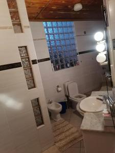 a bathroom with a toilet and a sink with a window at Tjibelu's Nest Guest Home in Lobatse