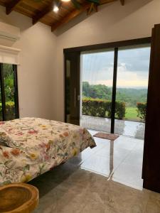 1 dormitorio con 1 cama y una gran ventana de cristal en Casa Hacienda Jaguar, en Ojochal