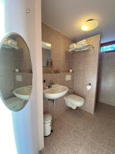 een badkamer met een wastafel, een toilet en een spiegel bij Silver Garden in Oosterend