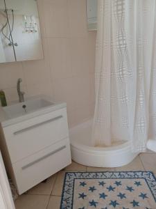 een badkamer met een wastafel, een toilet en een douche bij Dalmas apartmani in Vela Luka