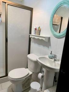 a bathroom with a toilet and a sink and a mirror at La casita de Las Trancas in Pinto
