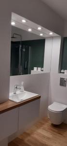 a bathroom with a sink and a toilet and a mirror at Apartament MONDRIAN in Płock