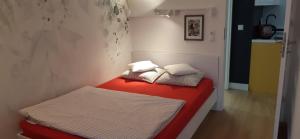 Habitación pequeña con cama roja y 2 almohadas en Apartament MONDRIAN en Płock