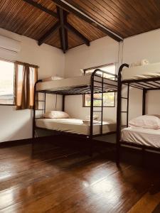 2 Etagenbetten in einem Zimmer mit Holzboden in der Unterkunft El Clan Hostel in Puerto Viejo