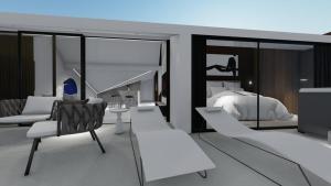 a rendering of a bedroom with a bed and a living room at Luxury Penthouse Hvar with Jacuzzi & Sea View in Hvar