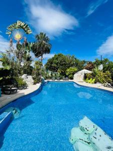 una piscina con agua azul y árboles en El Clan Hostel, en Puerto Viejo