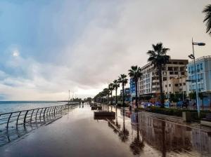 納祖爾的住宿－A&R Apartment Nador Jadid Hay Al Matar ,Klimatisiert,Air-Conditioned，棕榈树和建筑的海滩和海洋
