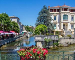 a view of a river with buildings and flowers at Gîte Aux Bons Voisins in Gordes