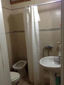 bagno con servizi igienici e lavandino con tenda per la doccia di Departamento frente a Parque Cívico a Mendoza