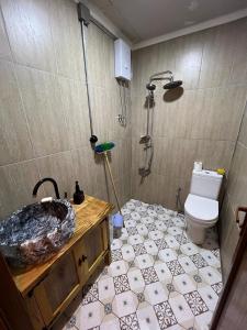 La salle de bains est pourvue de toilettes, d'un lavabo et d'une douche. dans l'établissement My Villa, à Trabzon