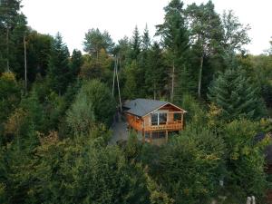 uma vista aérea de uma cabina na floresta em Domekwroznowiepl em Rożnów
