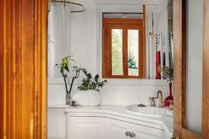 a bathroom with a sink and a vase with a plant at The Glebe Cottage in Hobart +30 photos