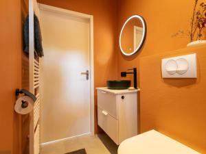 een badkamer met een toilet en een spiegel bij TED Tiny House in Nunspeet