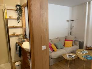 a living room with a couch with colorful pillows at La pointe Cap ferret in Lège-Cap-Ferret