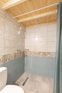 La salle de bains est pourvue d'une douche et de toilettes. dans l'établissement Mezzanine Apartments long-term, à Budapest