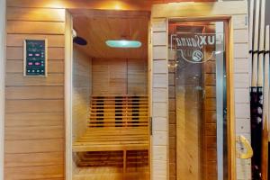 a sauna in a building with wooden walls at Lobster Shack in Boothbay