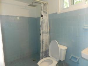 a blue tiled bathroom with a toilet and a shower at Xabadava Azucenas Aparthotel in Cancún