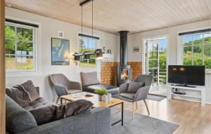 - un salon avec un canapé, des chaises et une télévision dans l'établissement Cozy Home In Tranekr With Kitchen, à Tranekær