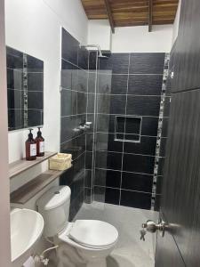 y baño con aseo, lavabo y ducha. en Medellin Hermoso apartamento, en Medellín