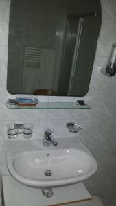 a bathroom sink with a large mirror and a mirror at Gastwirtschaft Hornbach-pinte in Wasen