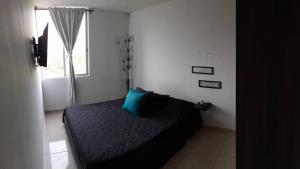 Un dormitorio con una cama con almohadas azules y una ventana en Apartamentos Amoblados y Piscina para Turismo, en Armenia