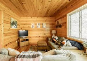 a living room with wood paneling and a television at Lazy Bear Cabin near Nantahala Outdoor Center and Bryson City in Bryson City