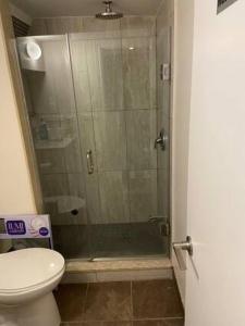 a bathroom with a glass shower with a toilet at Private Basement Room 0363 in Toronto