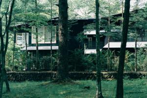 軽井沢町にあるSHISHI-IWA-HOUSE Karuizawaの木々の森の中の家
